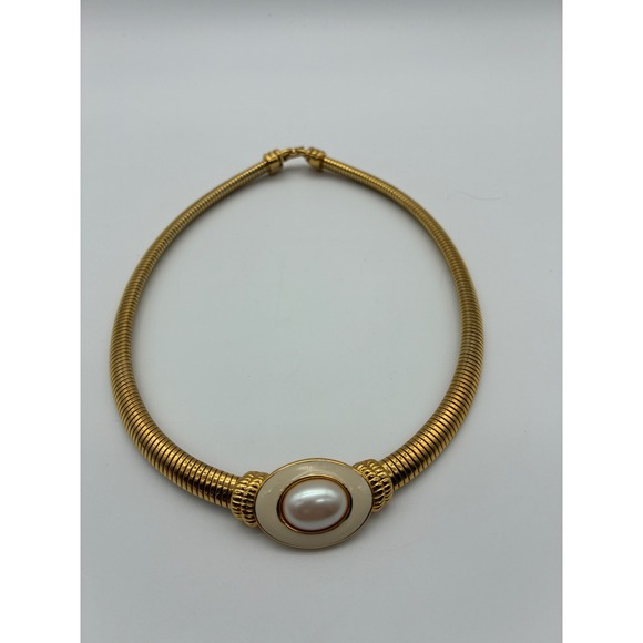 Monet Jewelry - Vintage Monet Gold Tone Snake Chain Faux Pearl Enamel Choker Necklace